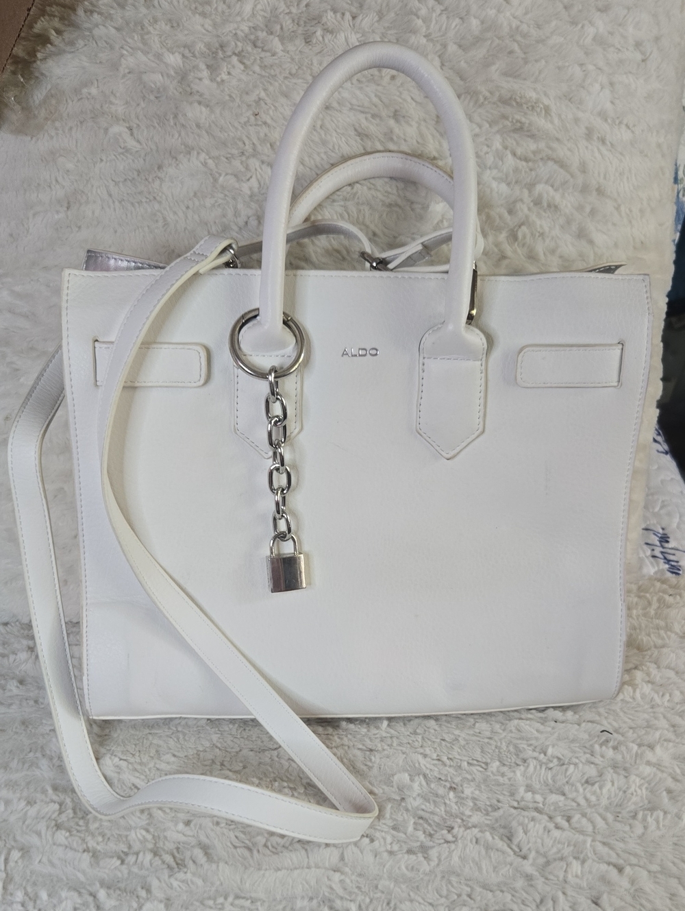 Aldo White Leather Tote with Silver Chain Lock